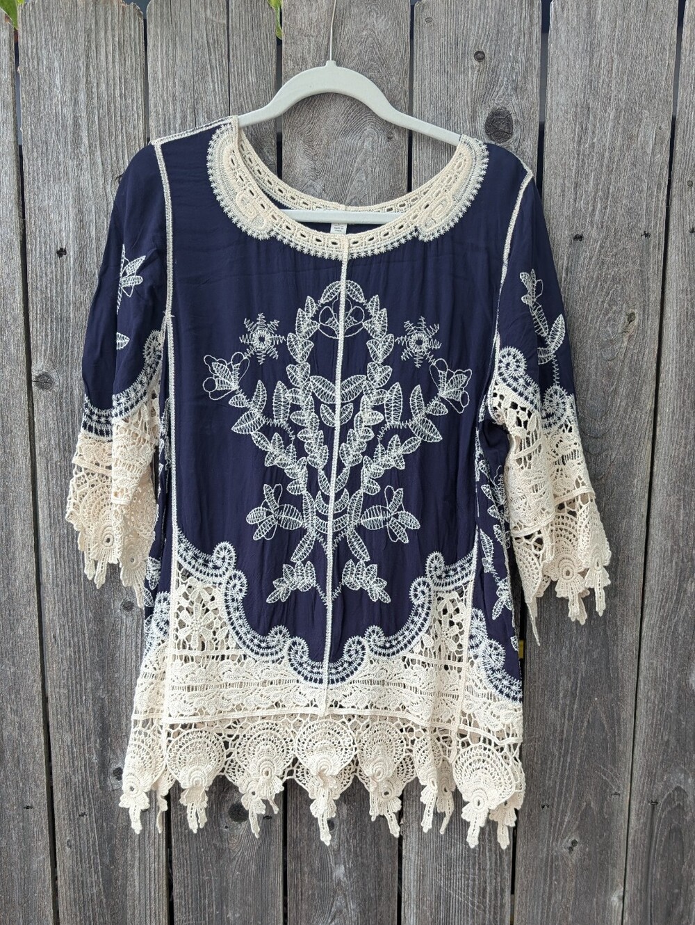 Women’s Navy Blue Crochet-Trim Embroidered Tunic Top